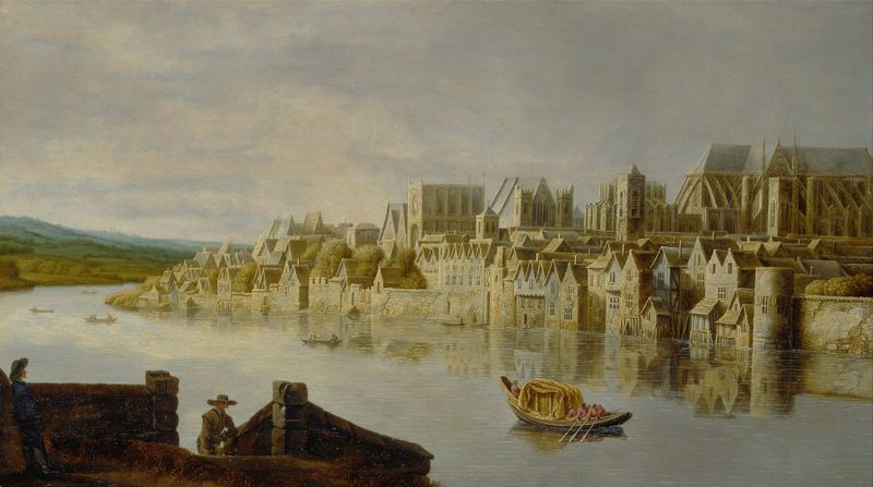The Thames at Westminster Stairs de Claude de Jongh, óleo sobre tela com figuras perto da água.