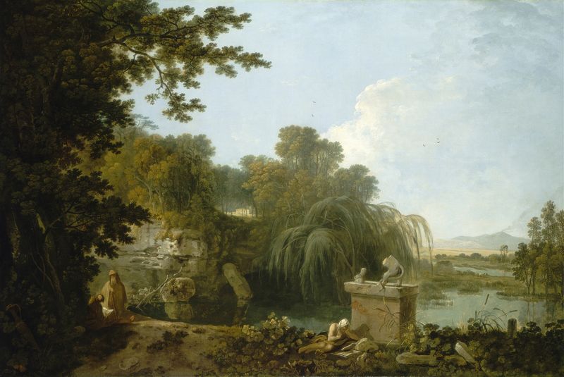 Solitude de Richard Wilson, óleo sobre tela representando um pôr do sol sobre colinas onduladas