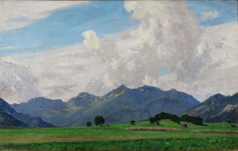 Paisaje que muestra colinas verdes y montañas distantes, óleo sobre lienzo de Fritz Wilhelm Rabending