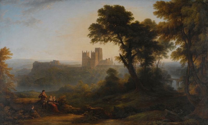 Catedral de Durham de John Glover, pintura a óleo que retrata uma catedral contra um céu tranquilo