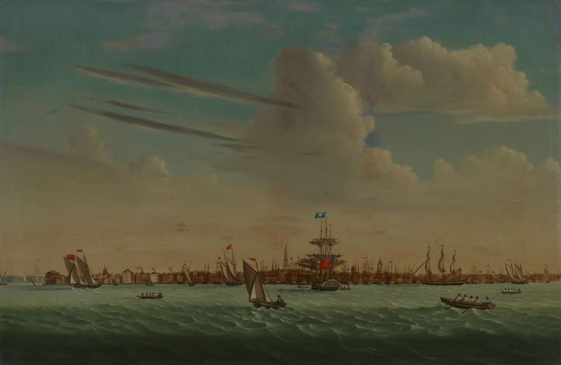Paisagem retratando o pôr do sol sobre as águas de Charleston por Samuel Barnard, pintura a óleo