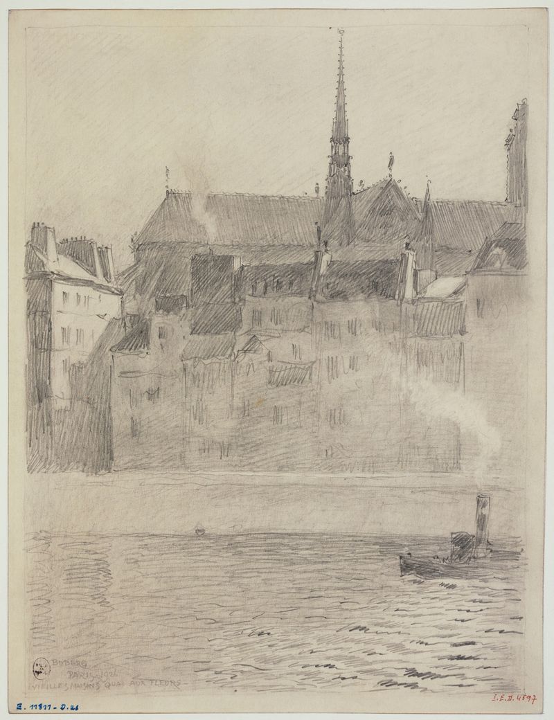 Vieilles maisons du quai aux Fleurs de Ferdinand Boberg, óleo sobre tela retratando arquitetura envelhecida com luz dourada.