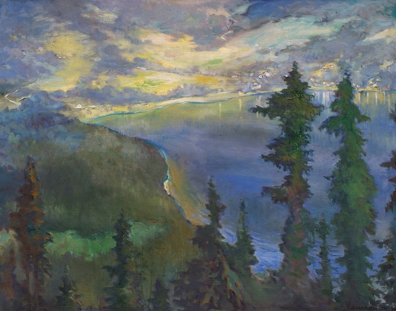 Altaussee by Richard Harlfinger, oil on canvas depicting a tranquil lake and mountains