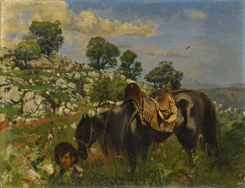 Rider in High Grass by Frank Buchser, oil on canvas, features a figure on a horse in tall grass.