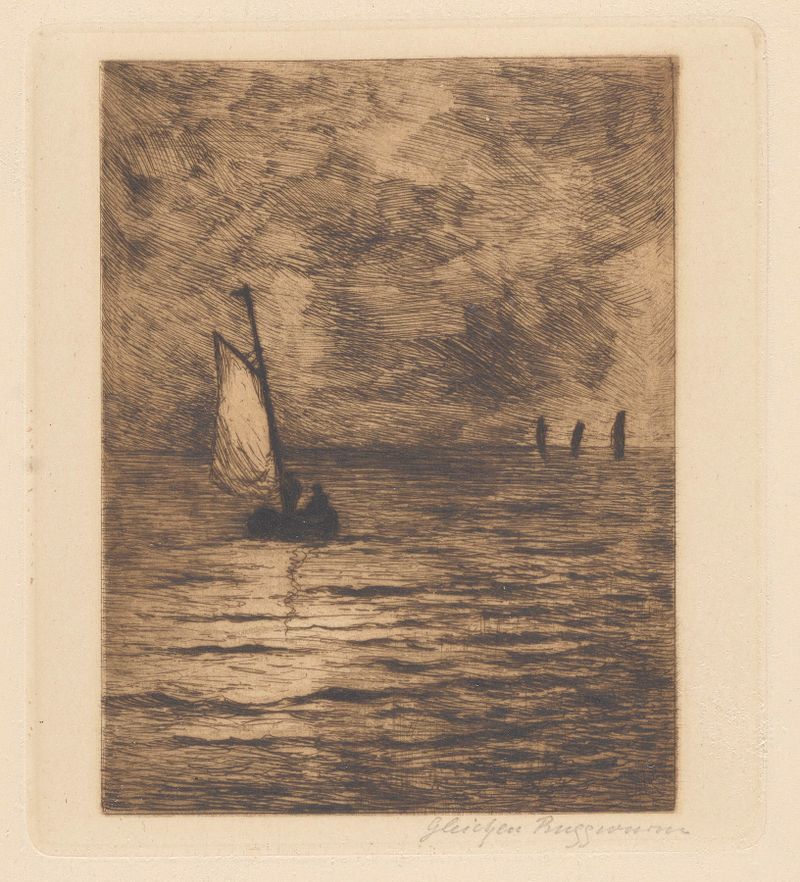 Landscape with a Sail Boat de Heinrich-Ludwig von Gleichen-Russworm, pintura a óleo com um veleiro em águas calmas.
