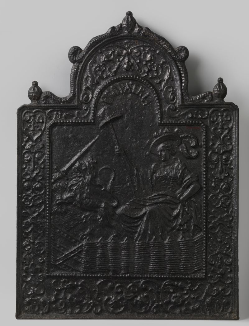 Gravura de uma Donzela Holandesa e um Leão em um jardim de Unknown Artist
