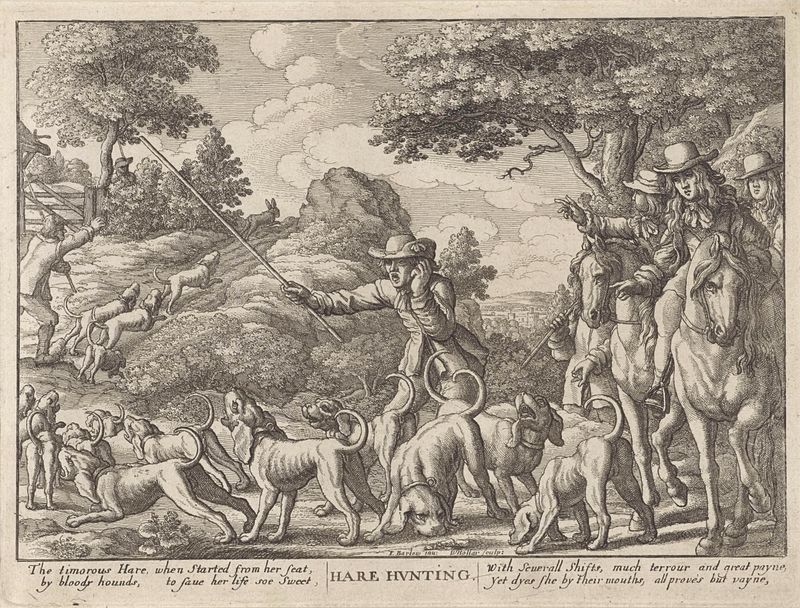 Grabado Hazenjacht de Wenceslaus Hollar que muestra cazadores en un bosque