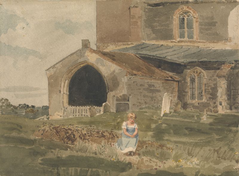 Figurative oil painting by John Thirtle featuring a girl sitting by a church.
