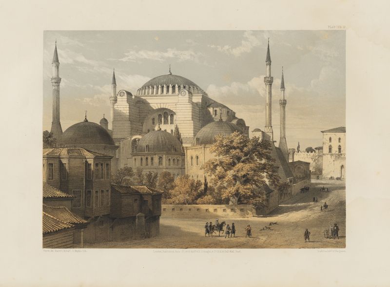 Lithograph of Aya Sofia by Gaspare Fossati, featuring its grand dome and intricate architecture.