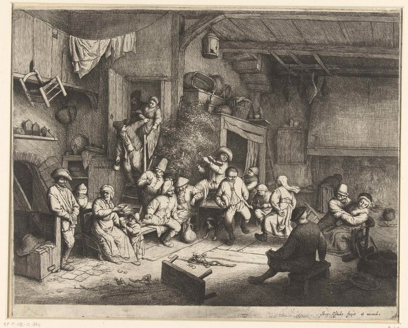 Gravura de Adriaen van Ostade mostrando figuras dançantes em um ambiente interno