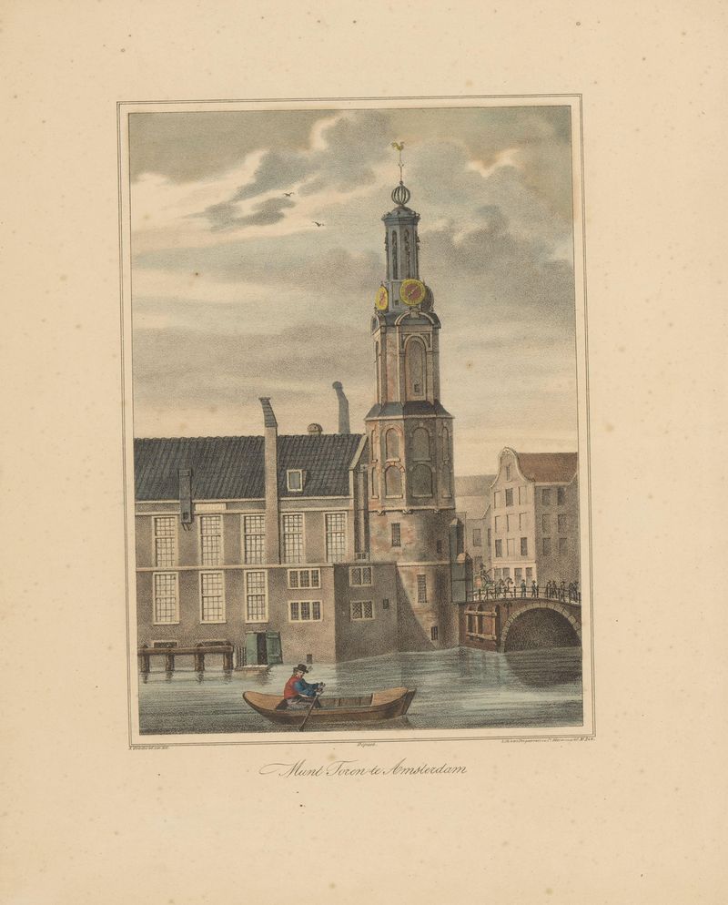Munt Toren te Amsterdam by Abraham Vinkeles, oil painting depicting the tower in warm afternoon light.