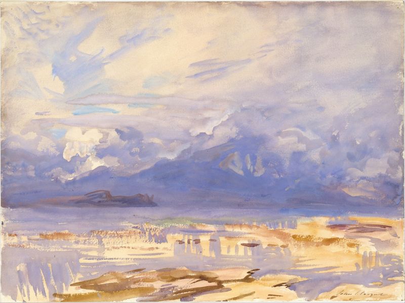 Sirmione de John Singer Sargent, óleo sobre lienzo, que muestra un lago vibrante con rocas y luz brillante.