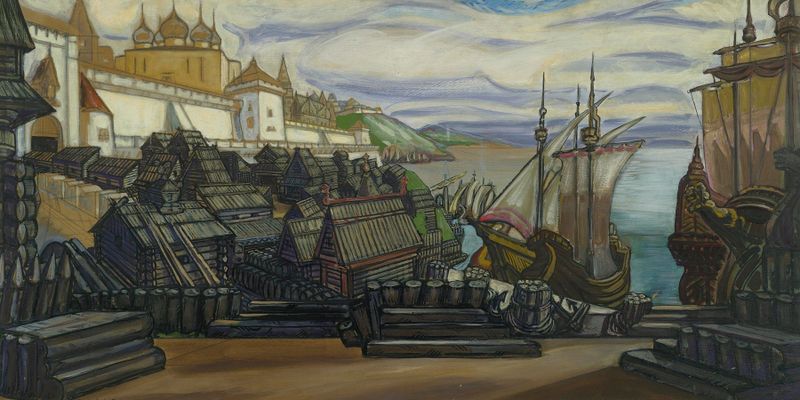 Tempera on paper by Sergey Yurievich Sudeikin depicting a pier extending into a tranquil river.