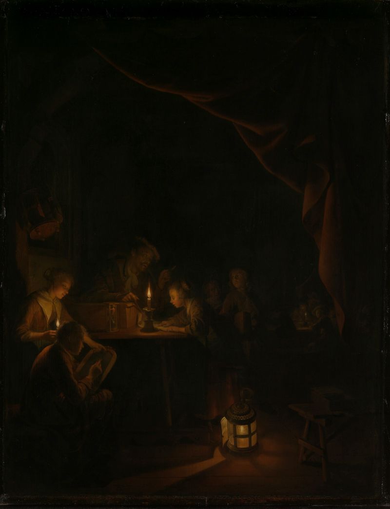 The Night School by Gerard Dou, oil on panel, depicts students studying under candlelight.