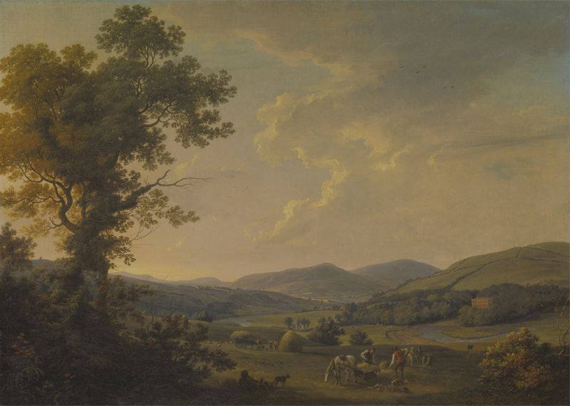 Landscape with Haymakers and a Distant View of a Georgian House by William Ashford, oil painting