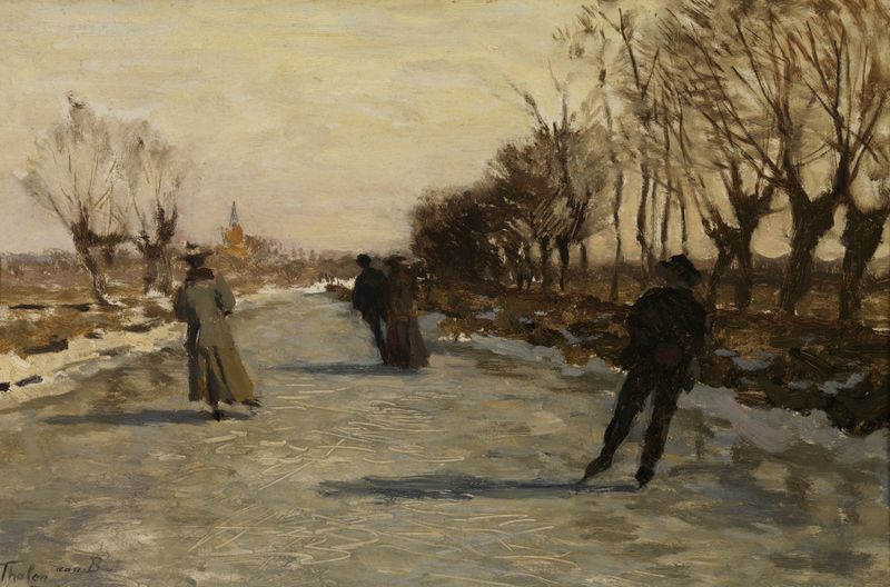 IJsvermaak by Willem Bastiaan Tholen, oil on canvas, skaters on a frozen lake at sunset