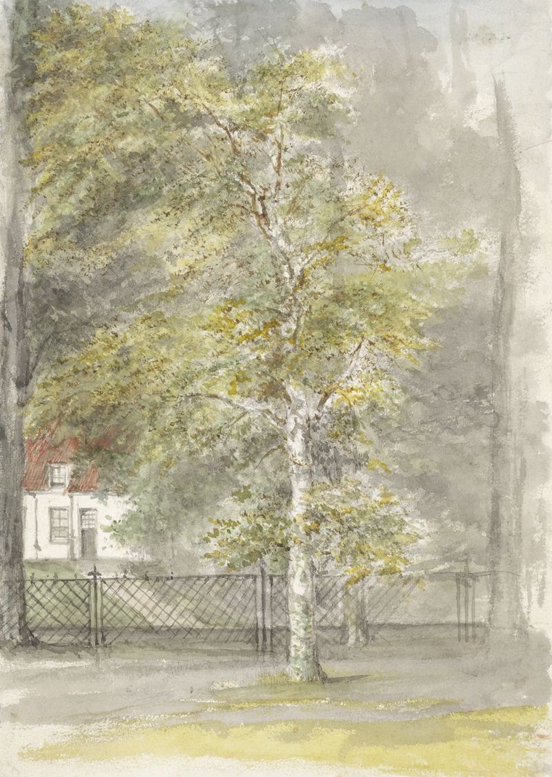 Oil painting by Jozef Israëls featuring a tree and gate in a vibrant landscape