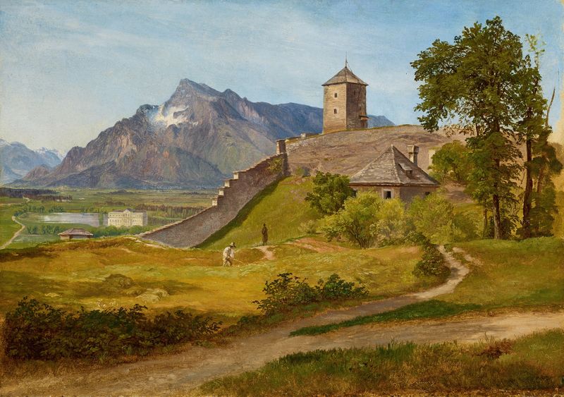 Landscape featuring a fortress on Mönchsberg by Friedrich Loos, oil painting