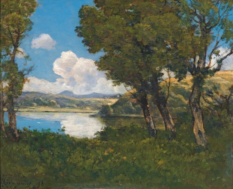 Paisagem com lago e árvores, óleo sobre tela de Henri-Joseph Harpignies