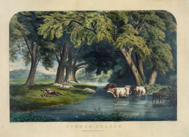 Cena de gênero representando uma família sob uma árvore, pintura a óleo de Currier & Ives, 1859