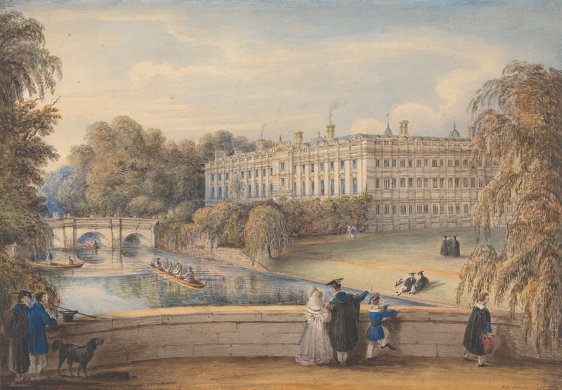 Clare College, Cambridge de Richard Banks Harraden, óleo sobre lienzo, presenta luz del amanecer sobre piedra antigua.