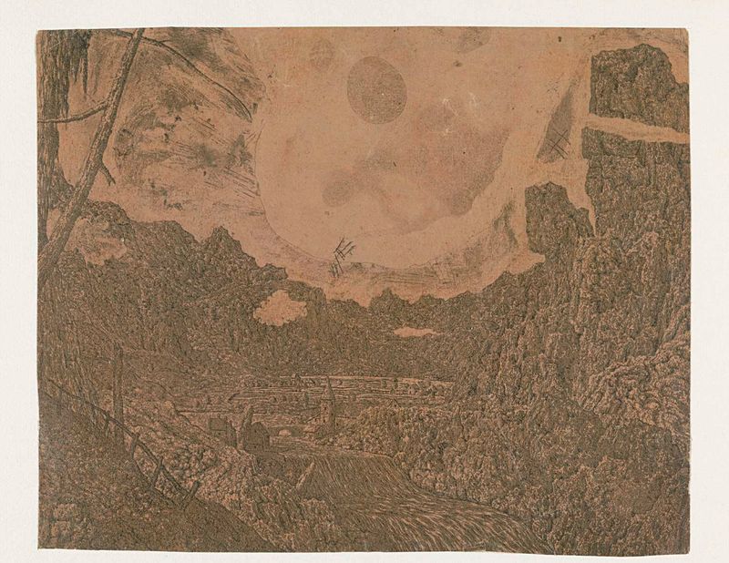 Paisaje con una cascada y cielo, grabado de Hercules Segers
