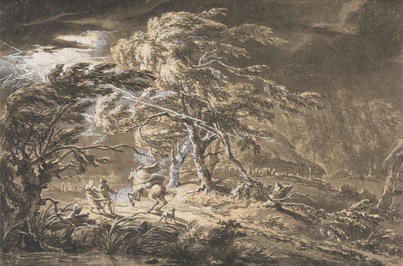 Flash de relâmpago ilumina uma estrada florestal tempestuosa, óleo de George Barret