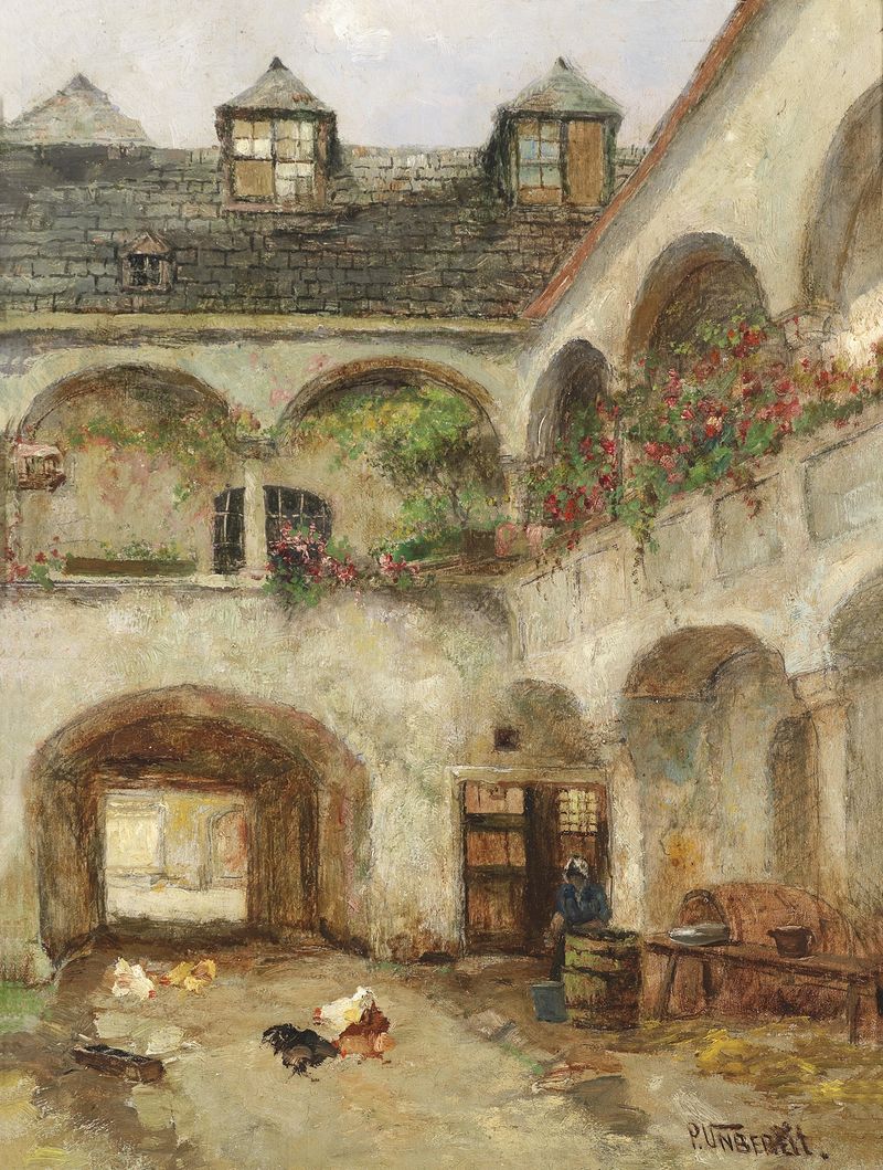 Paisagem de Teisenhoferhof em Weissenkirchen por Paul Unbereit, óleo sobre tela retratando árvores e um céu tempestuoso.