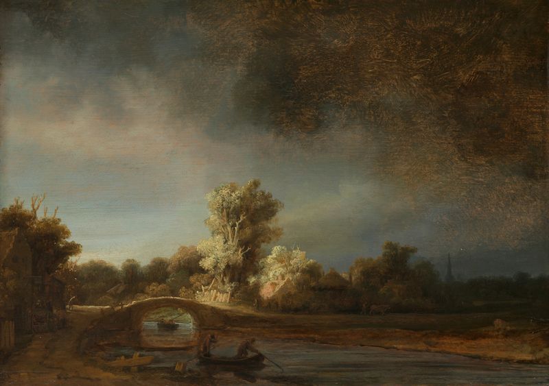 Paisaje con un puente de piedra, óleo sobre panel de Rembrandt van Rijn