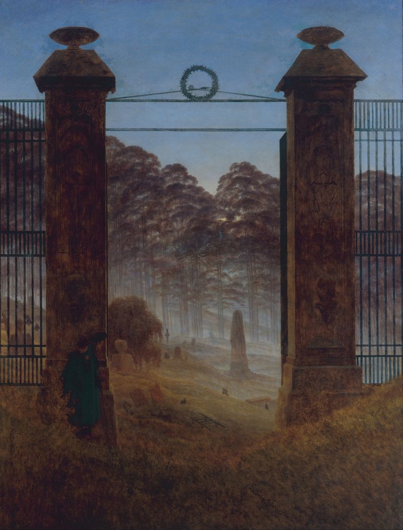 Landscape with tombstones and misty sky, oil painting by Caspar David Friedrich