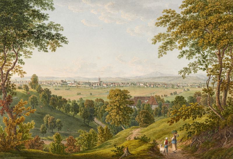 Pintura de paisaje en óleo de Johann Heinrich Luttringhausen que representa un atardecer tranquilo.