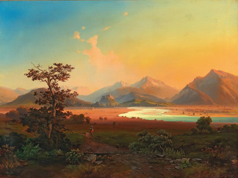 View of Salzburg, óleo sobre tela de Unknown Artist, retratando um rio e paisagem urbana ao crepúsculo.