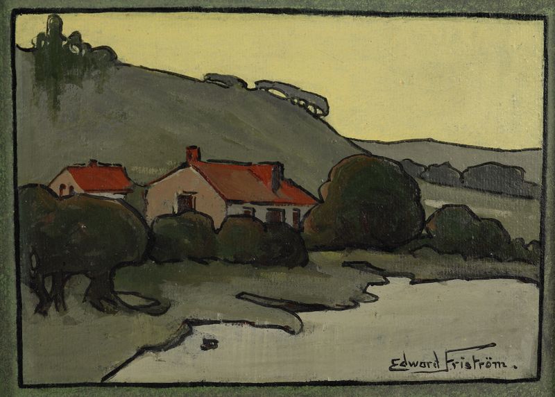 Oil painting by Edward Friström depicting a tranquil landscape with a cottage by Lake Wakatipu