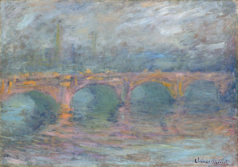 Pintura al óleo de Claude Monet que muestra Waterloo Bridge al atardecer con colores vibrantes y reflejos en el agua.
