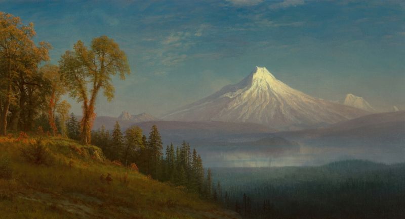 Mount St. Helens, Columbia River, Oregon de Albert Bierstadt, óleo que retrata montanhas e rio ao pôr do sol