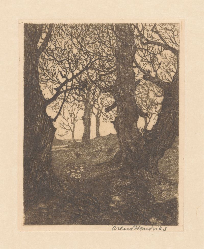 Paisaje con un camino entre árboles desnudos de Arend Hendriks, medio desconocido.
