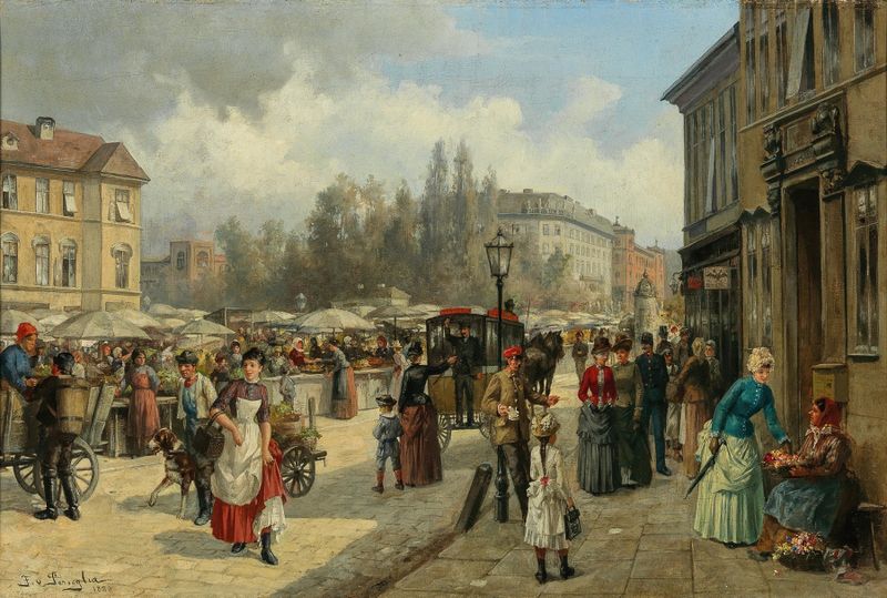 Uma cena de gênero que retrata um mercado movimentado em Viena, óleo sobre tela de Franz von Persoglia