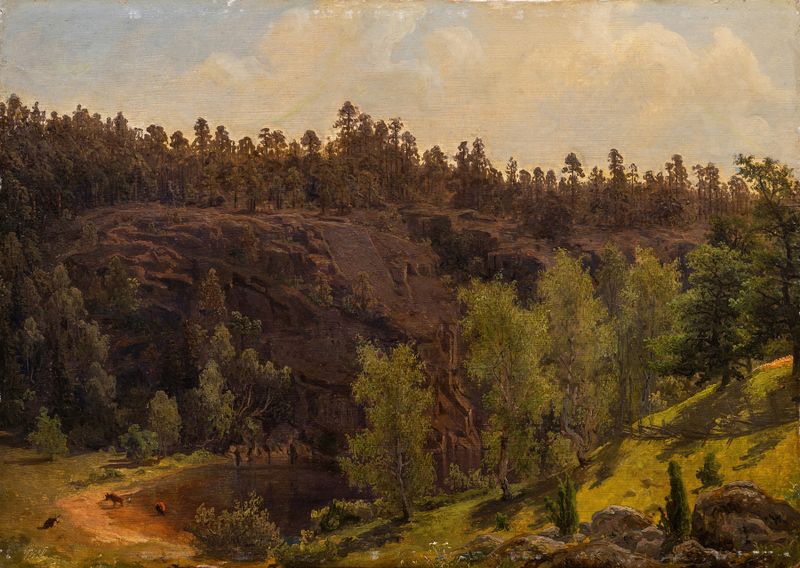Woodland Pool in Sunshine, óleo sobre tela de Marcus Larson, retratando um tranquilo lago da floresta refletindo a luz do ...
