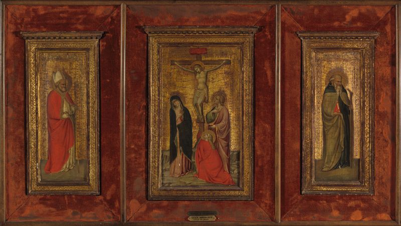 A Crucificação, tempera sobre painel de Lorenzo di Niccolo, apresentando Santo Antônio Abade e São Nicolau.