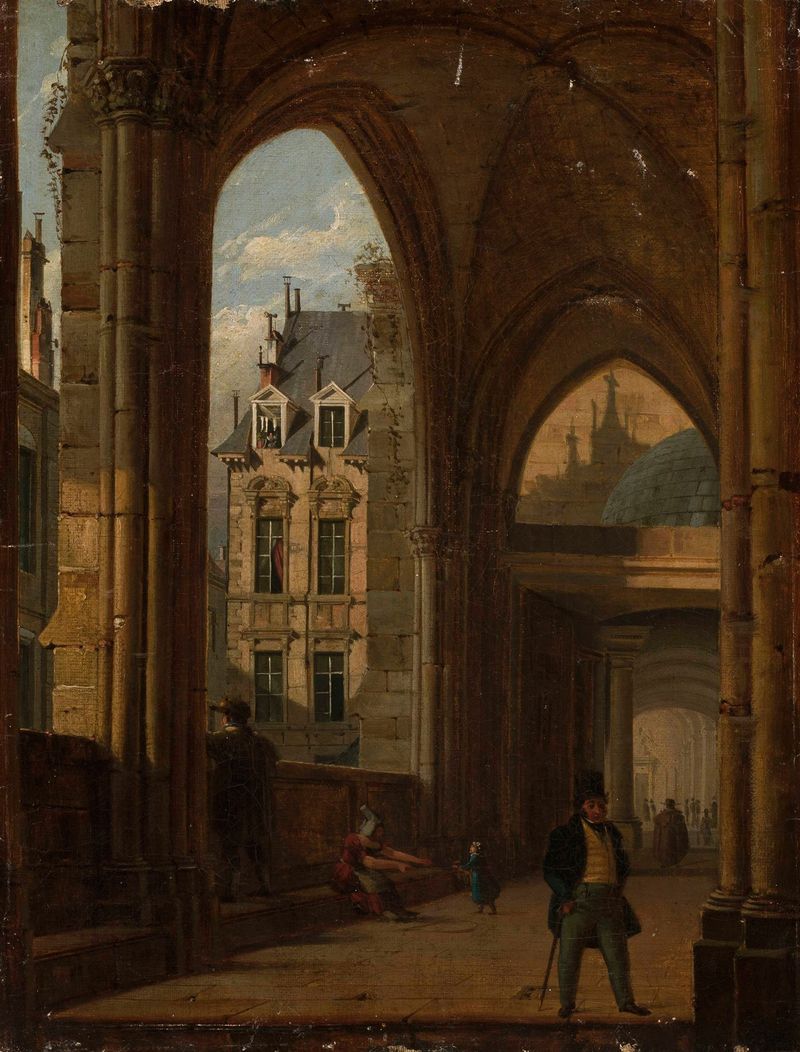 Oil on canvas by Marcin Zaleski depicting archways and a city view