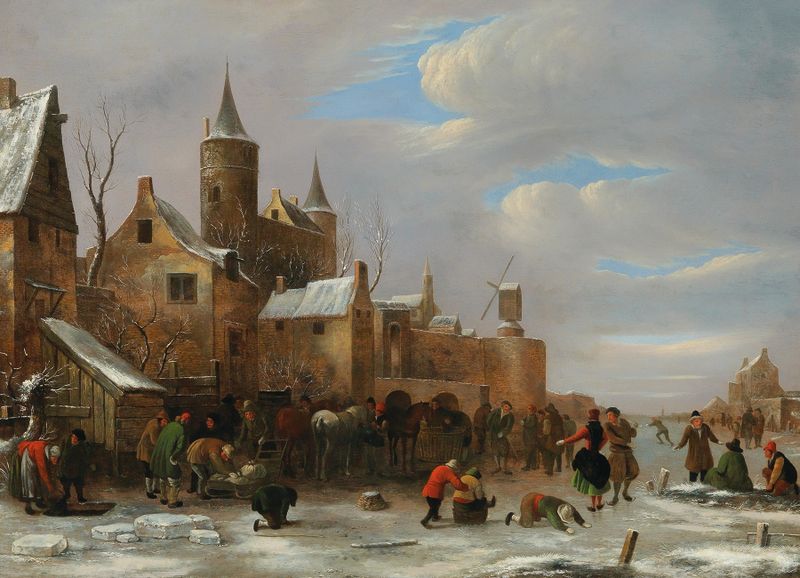 A merry company on a frozen river, oil painting by Nicolaes Molenaer