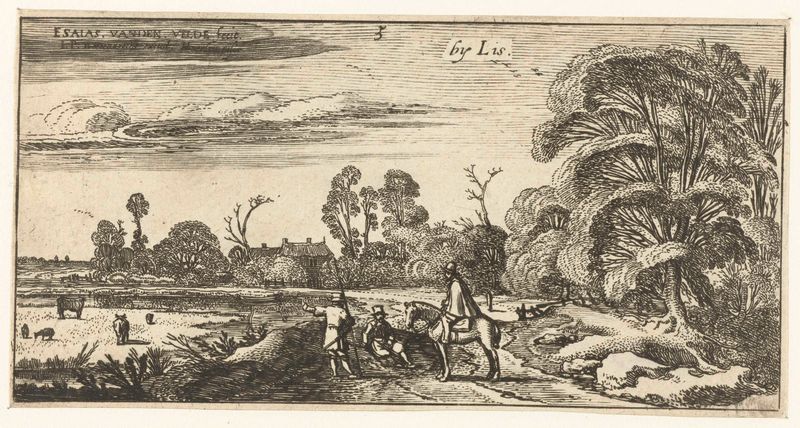 Ruiter en wandelaars op een weg bij Lisse, gravura de Esaias van de Velde mostrando cavaleiros e caminhantes em uma estrad...