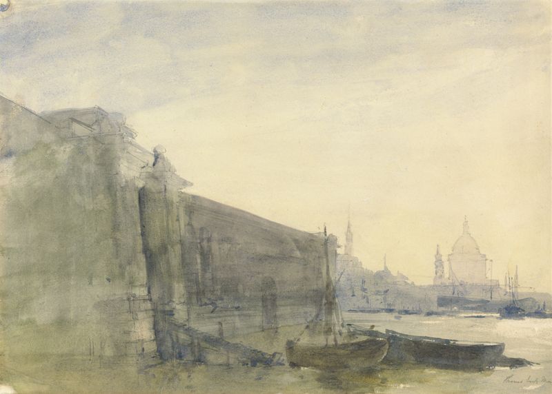 The Thames, Early Morning, Towards St. Paul’s by John William Inchbold, oil painting depicting a river landscape.