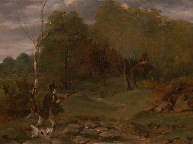 Pheasant Shooting by Edward Duncan, realism, depicting a hunter in a forest with a rifle.