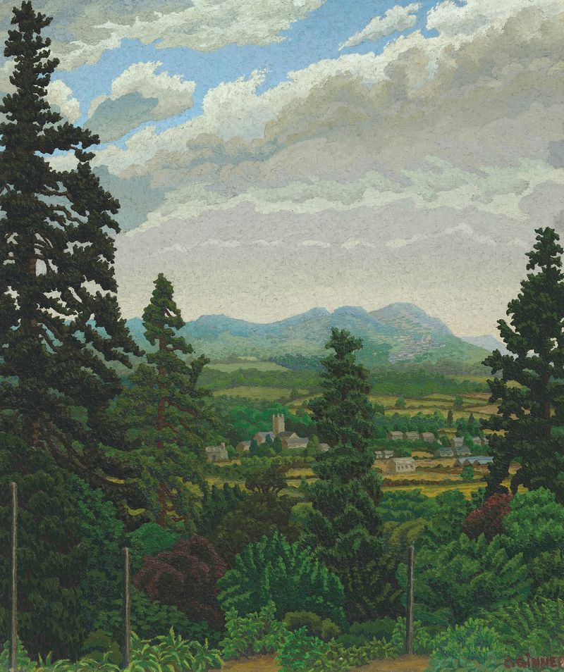 Paisagem de colinas e campos dourados de Charles Ginner, 1950, pintura a óleo