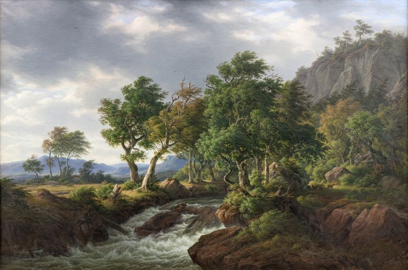 Landscape depicting muted hues in Klippelandskab. Djupadal i Bleking by Frederik Christian Jakobsen Kiærskou