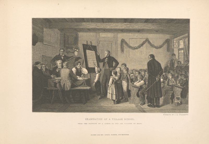 Genre scene of a classroom with children and a teacher, oil painting by Theodor Gsell Fels