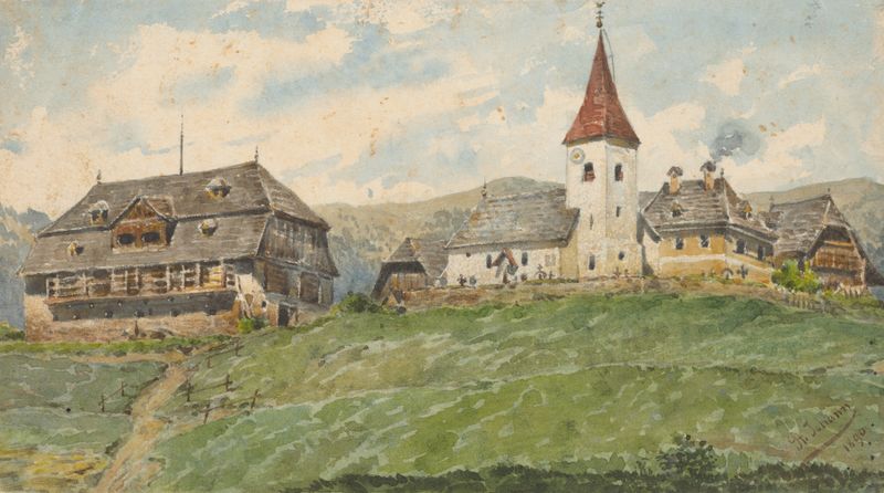 View of St. Johann, oil on canvas by Friedrich Carl von Scheidlin, depicting rugged mountains and tranquil nature.