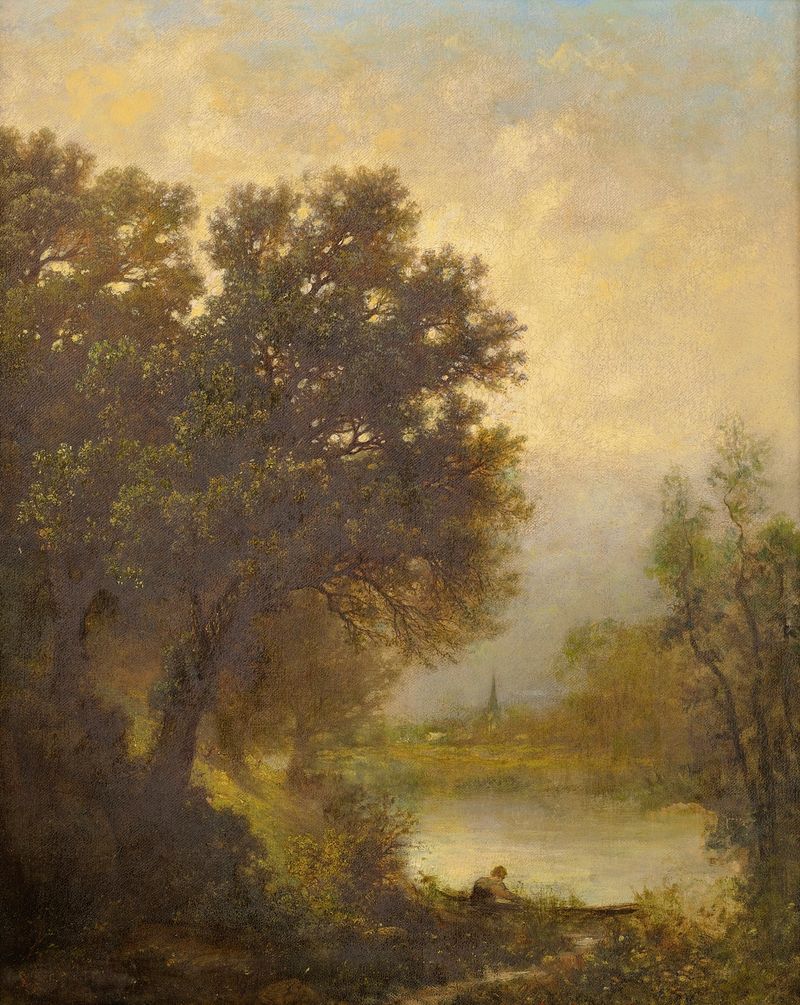 Securing The Boat by Emile Charles Lambinet, oil painting depicting a boat resting by the shore.
