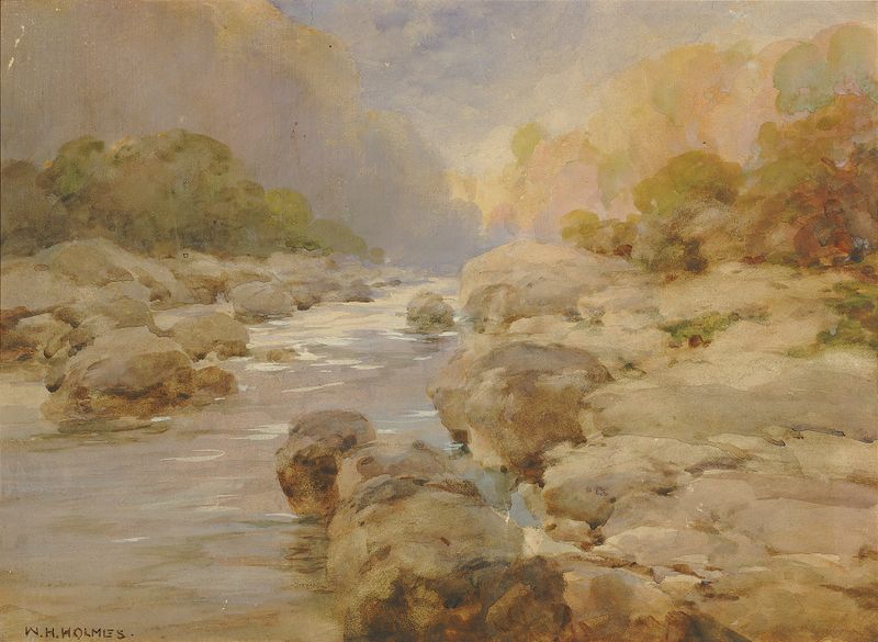 Landscape with a river flowing through a forest, oil painting by William Henry Holmes
